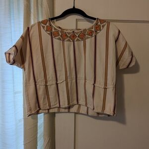 Madewell Cream and Brown Embroidered Stripe Blouse